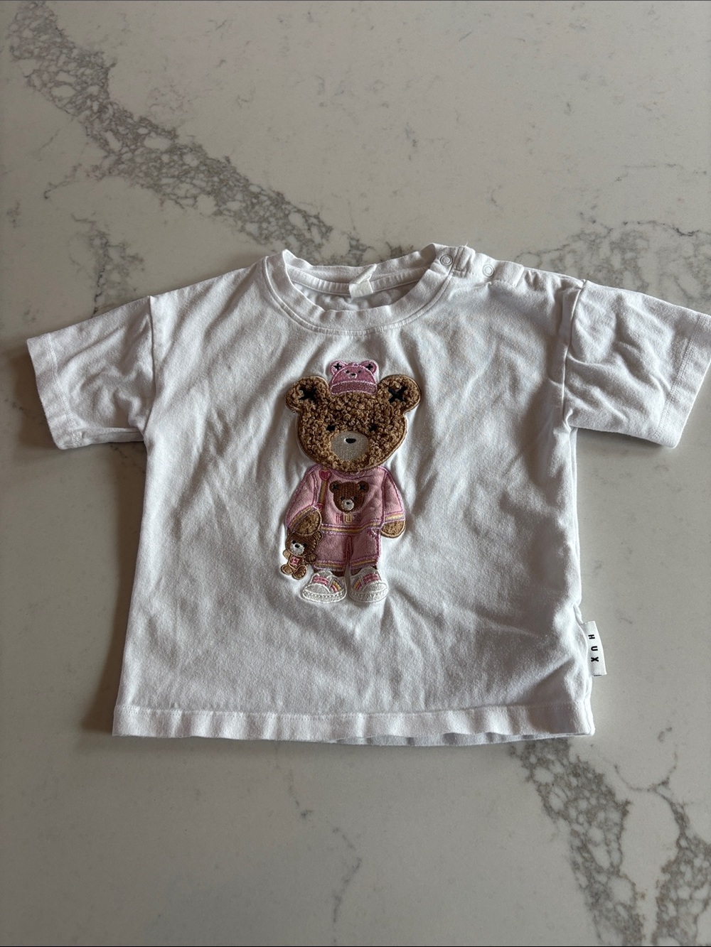 Huxbaby White Tee with Pink & Brown Teddy Patch